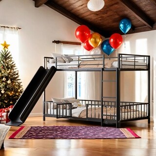 Unique Metal Twin over Twin Size Bunk Bed with Slide and Guardrails,Kids Bed Design
