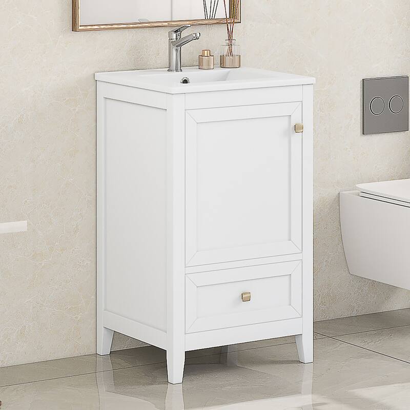 Roomfitters 20" Bathroom Vanity with Sink, Soft-Close Cabinet with Door Rack & Bottom Drawer - White