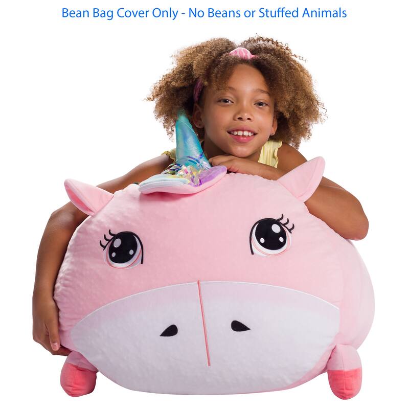 Stuffed Animal Storage Bean Bag Chair Cover only for Kids, Toy Holder - Large - 24 inch - Pink Party Unicorn