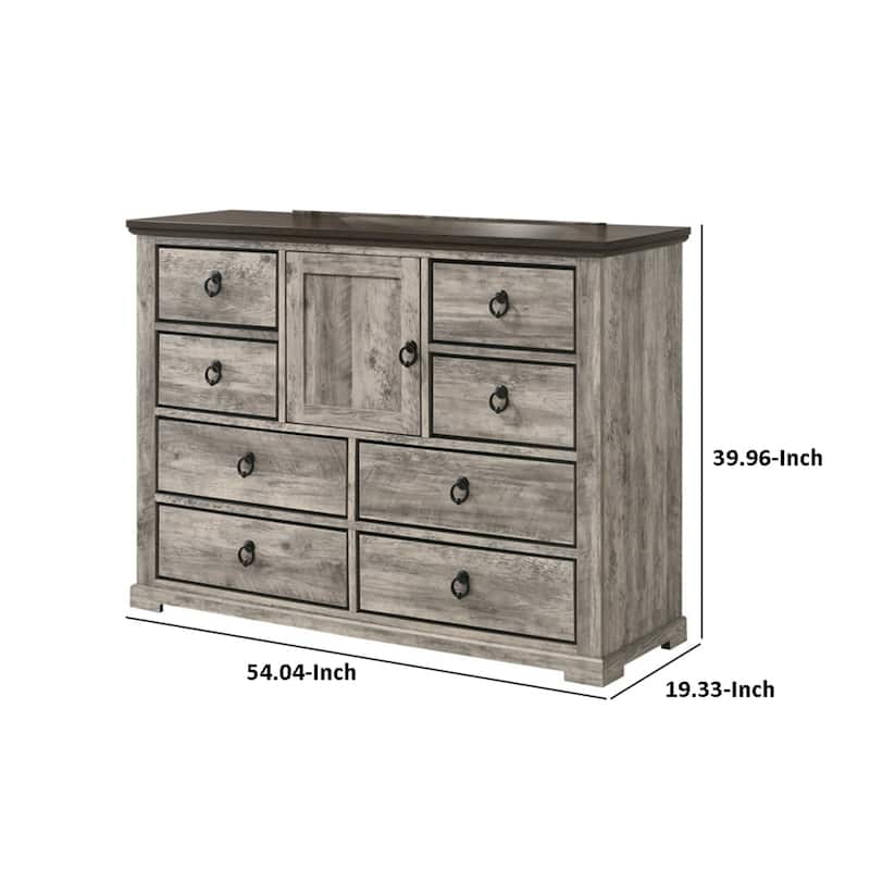 Elaya Wide Dresser, 8 Drawers, 1 Cabinet, Black Metal, Weathered Gray