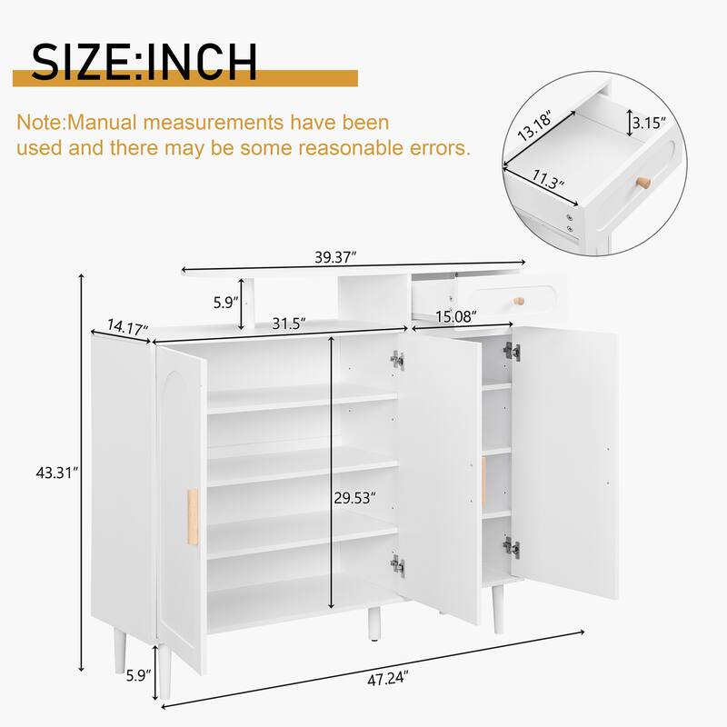 Shoe Cabinet with Arched Doors and Drawer, Storage Sideboard with Adjustable Shelves and Solid Wood Legs