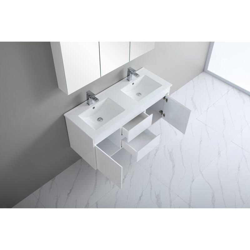CB HOME 24"/30"/36"/48"/60" Pure White Bathroom Vanity, Floating Wall Mounted Cabinet w/ Integral Ceramic Sink Basin Countertop