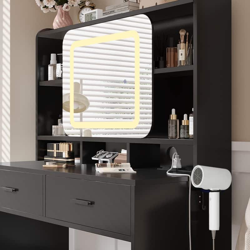 Vanity Desk with LED Mirror and Stool, Drawers, Storage Shelves, Charging Station