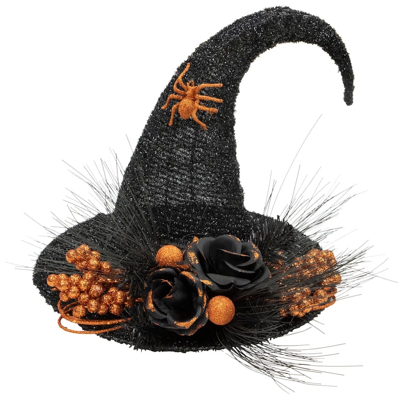 16" Black Tinsel Witch's Hat Orange Glittered Roses Halloween Decor