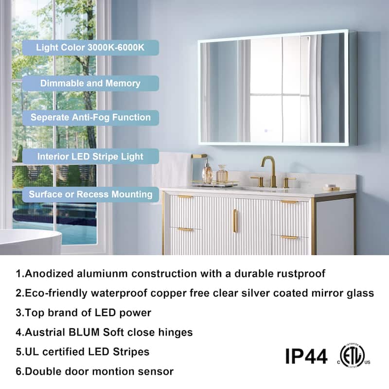 30'' H Recessed or Surface Frameless LED Mirror Cabinet With Defogger, Dimmer, Outlets & USB Ports 