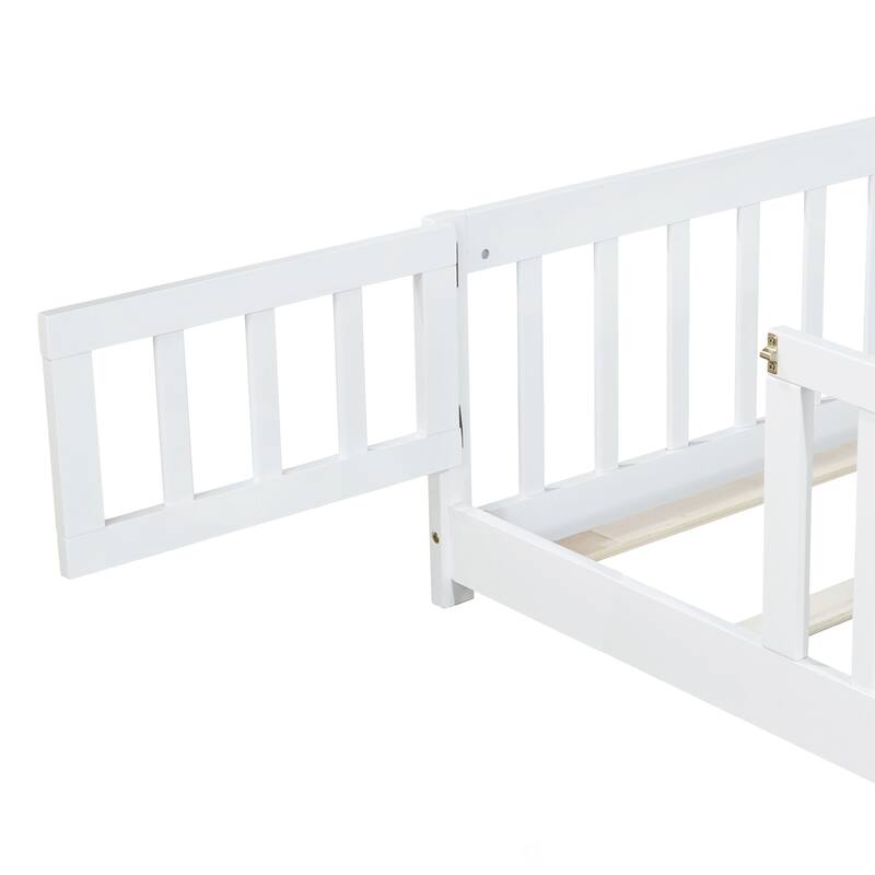 Twin Size Floor Bed with Fence and Door,Rubber Wood Floor Bed with Safety Guardrails