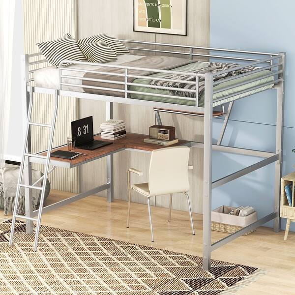 slide 2 of 3, Modern Style Twin Size Loft Metal&MDF Bed, with Desk and Shelf Full Silver