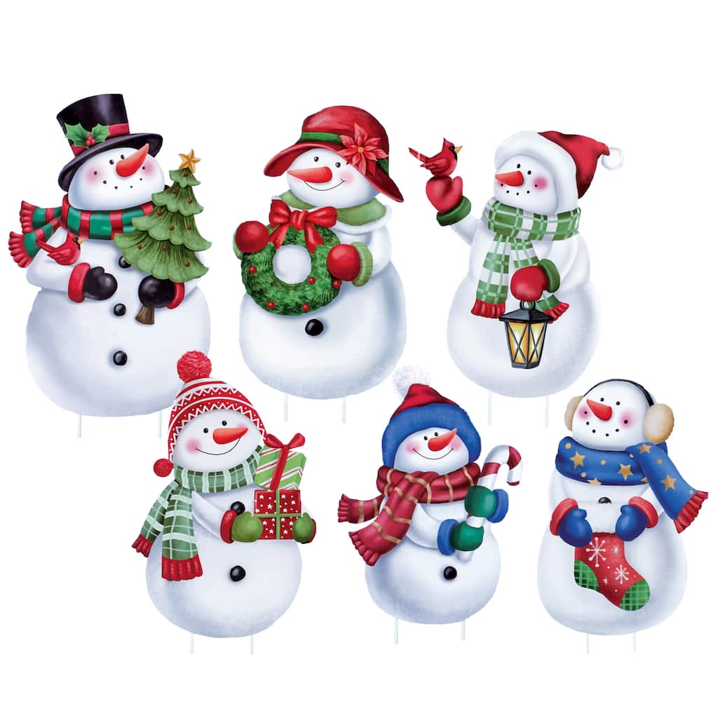 Holiday Snowmen Festive Garden Stakes - Set of 6 - White - 13.13 x 8.25 x 0.25
