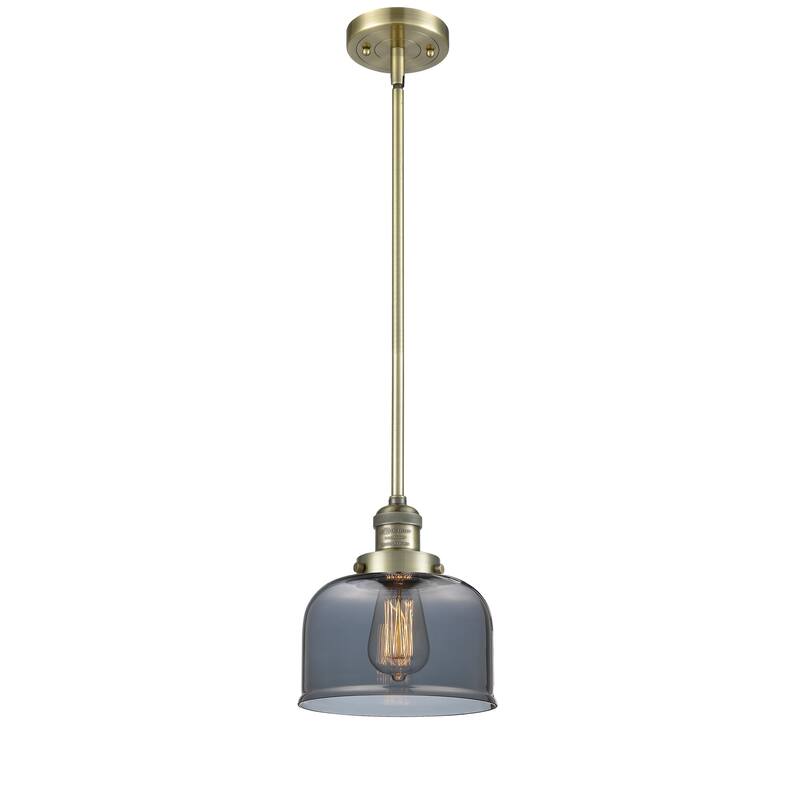Innovations Lighting Franklin Restoration Bell - 1 Light 8" Stem Hung Mini Pendant - Antique Brass/Light Smoke