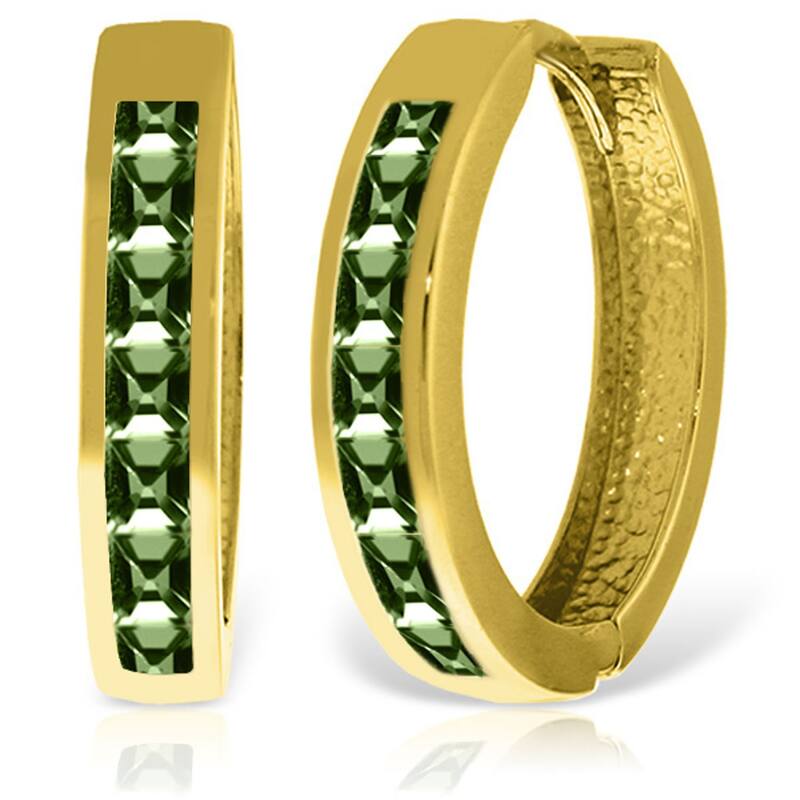 14K Solid Gold Hoop Huggie Gemstone Earrings w/ Green Sapphires - Yellow