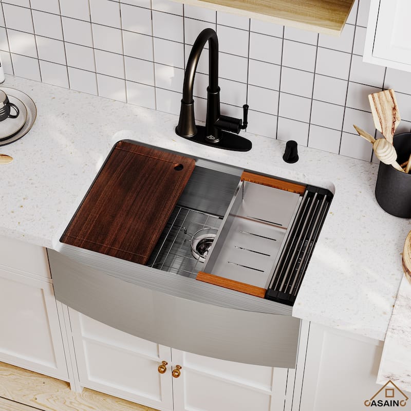 Stainless Steel Sink 16-Gauge Single Bowl Farmhouse Apron Workstation Kitchen Sink in Brushed with Accessories