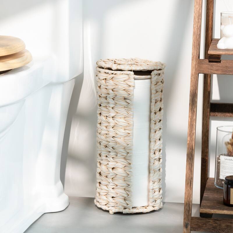Freestanding Woven Toilet Paper Roll Holder with Lid for Bathroom, Power Room - 14.5'' H X 7'' W X 7'' D - Beige