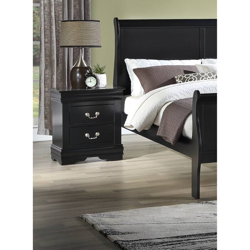 Black Two-Drawer Solid Wood Nightstand with Nickel Finish