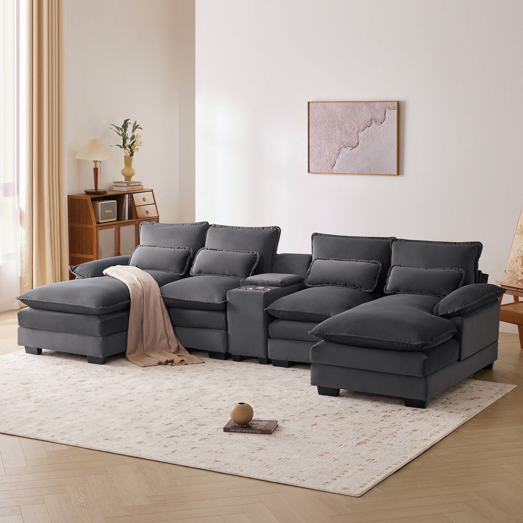 Velvet Upholstered Chaise Lounge U shaped Sectional Sofa Sets 6 seat Gray Recliner Couch with Cupholders for Living Room Bed Bath Beyond 40362451
