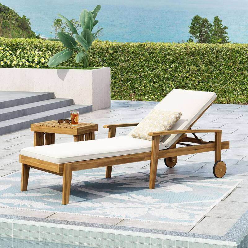 Outdoor solid wood frame chaise lounge with rollers and cushions