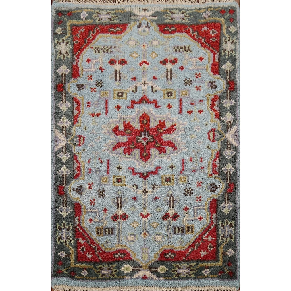 Light Blue Geometric Kazak Indian Accent Rug Handmade Wool Carpet - 2'0"x 3'0"
