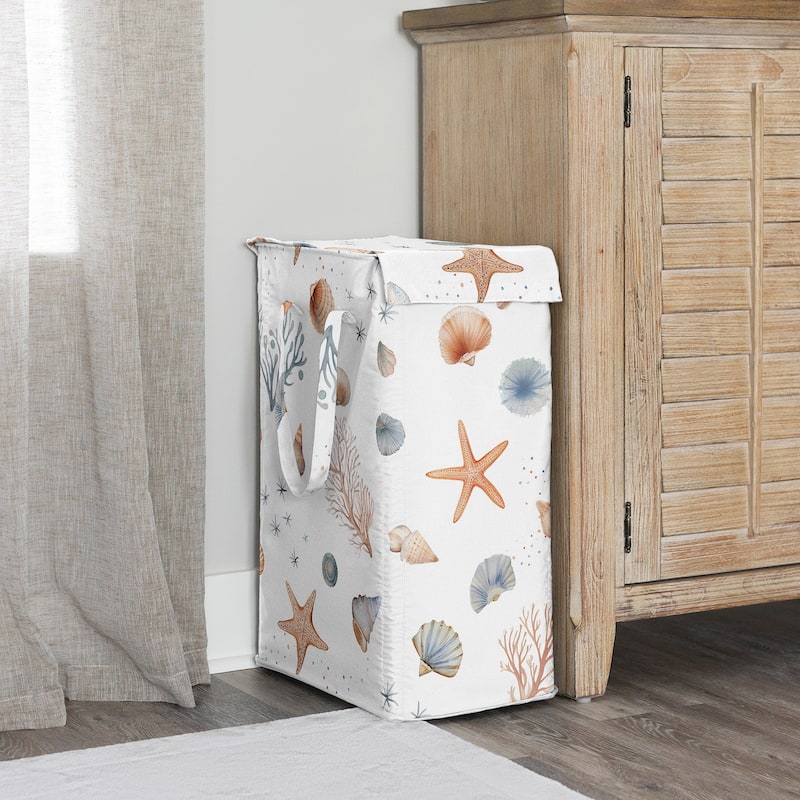 Sweet Jojo Designs Ocean Seashells Boy, Girl, Unisex/Gender Neutral Foldable Laundry Hamper with Handles - Nautical, Beach Theme