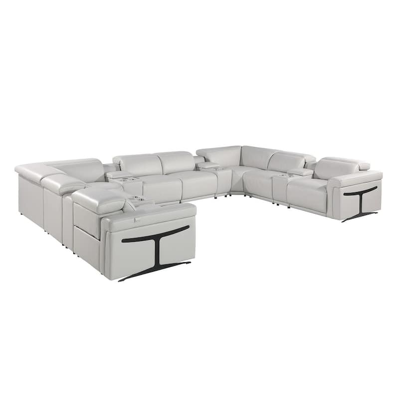 HomeRoots Light Gray Italian Leather Power Reclining U Shaped Twelve Piece Sectional With Console