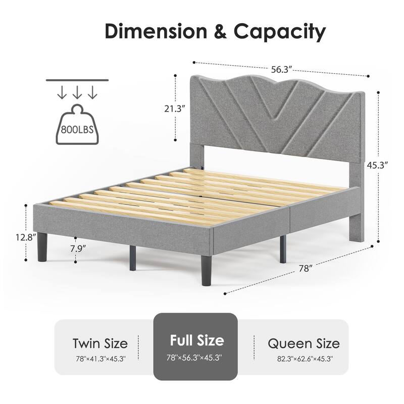 Upholstered Platform Bed, Twin Size, Grey with Padded Headboard & Heavy-Duty Metal Frame