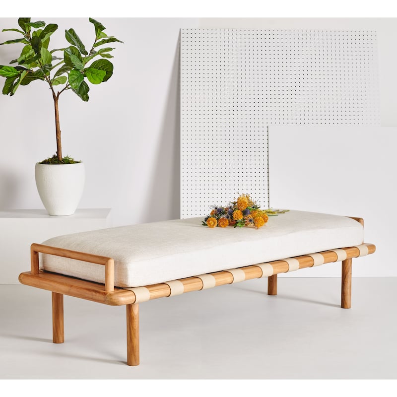 SAFAVIEH Couture Grizelda Teak Cushion Bench - 70 In W x 26 In D x 19 In H - 70Wx26Dx19H - Natural/White