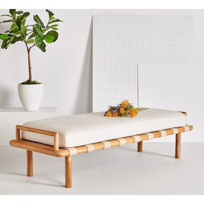 SAFAVIEH Couture Grizelda Teak Cushion Bench - 70 In W x 26 In D x 19 In H - 70Wx26Dx19H