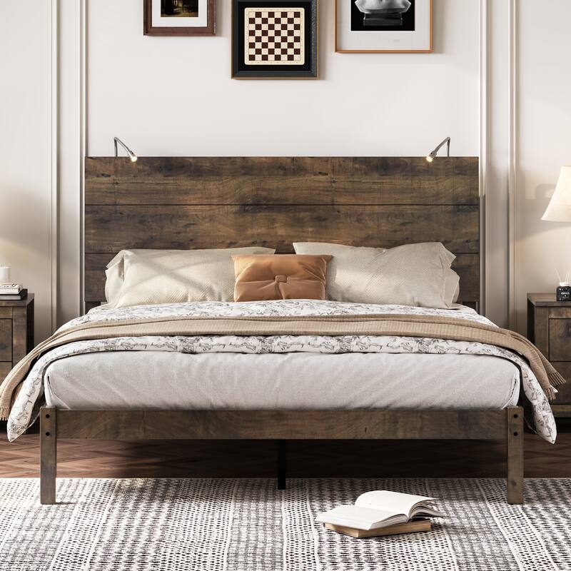 Queen Rustic Wood Platform Bed with Built-In Bedside Lights
