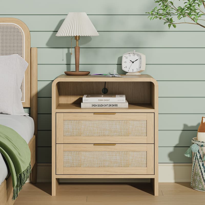 Rattan Nightstand with Charging Station, 2 Drawers & Open Shelf, 22.8" Wide Curved Wooden Bedside Table