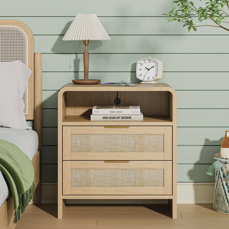 Rattan Nightstand with Charging Station Set of 2, 2 Drawers & Open Shelf, 22.8"Wide Curved Wooden Bedside Table