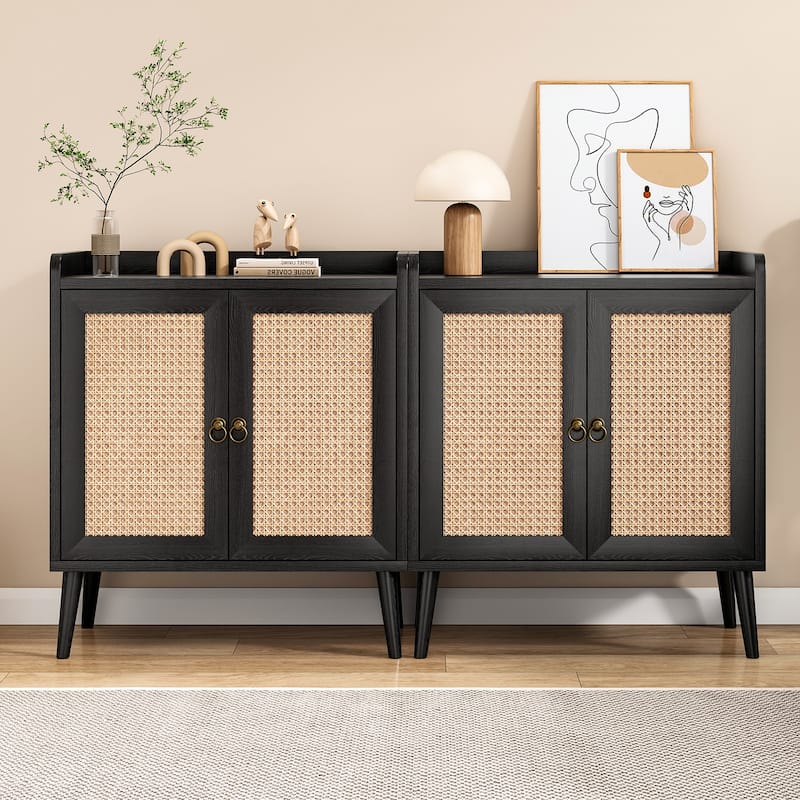 Sideboard Buffet Cabinet with Storage, Bar Liquor Cabinet with Rattan Decorated Doors, Credenza Console Tablefor Dining Room