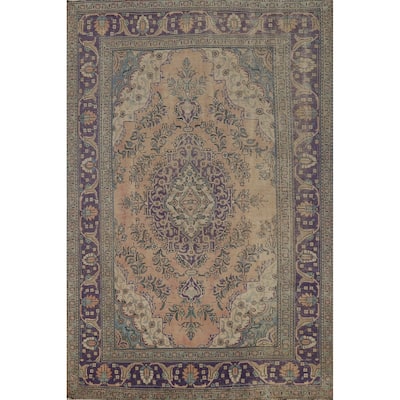 Tabriz Persian Vintage Rug Hand-Knotted Floral Peach Wool Carpet - 6'9" x 9'9"