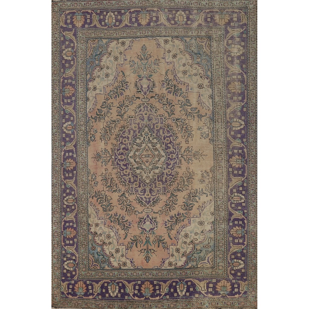 Tabriz Persian Vintage Rug Hand-Knotted Floral Peach Wool Carpet - 6'9" x 9'9"