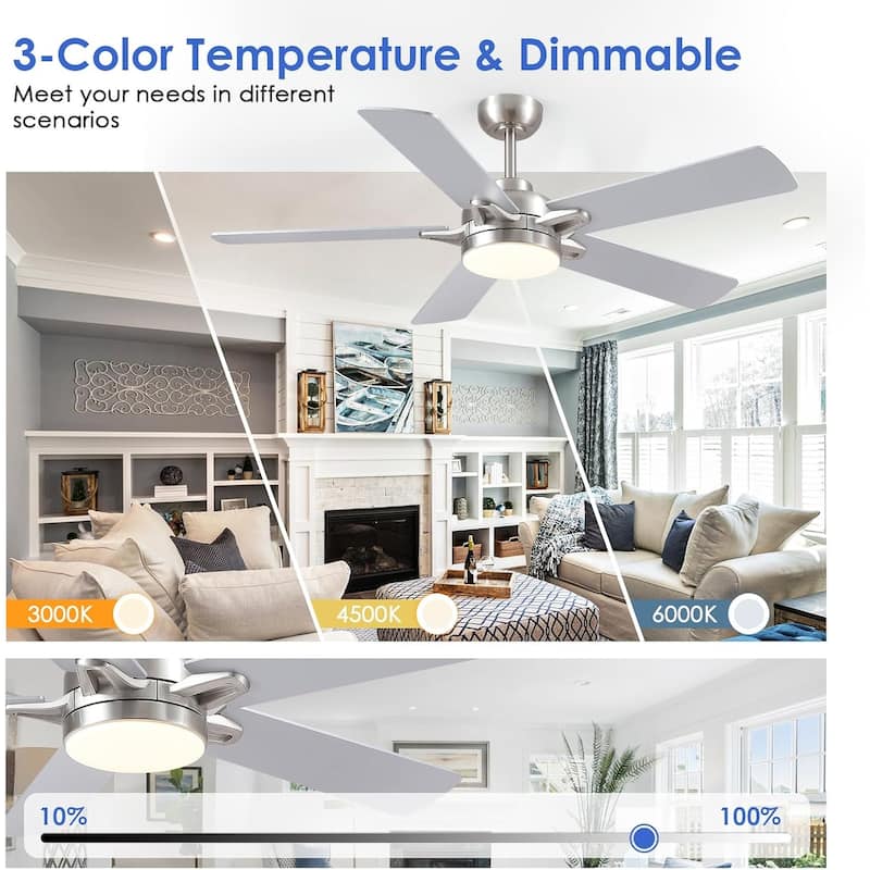 52" Modern Quiet Ceiling Fan with Light and Remote 6 Speed Airflow Bright Light for Bedroom Living Room Patio - 52 Inches