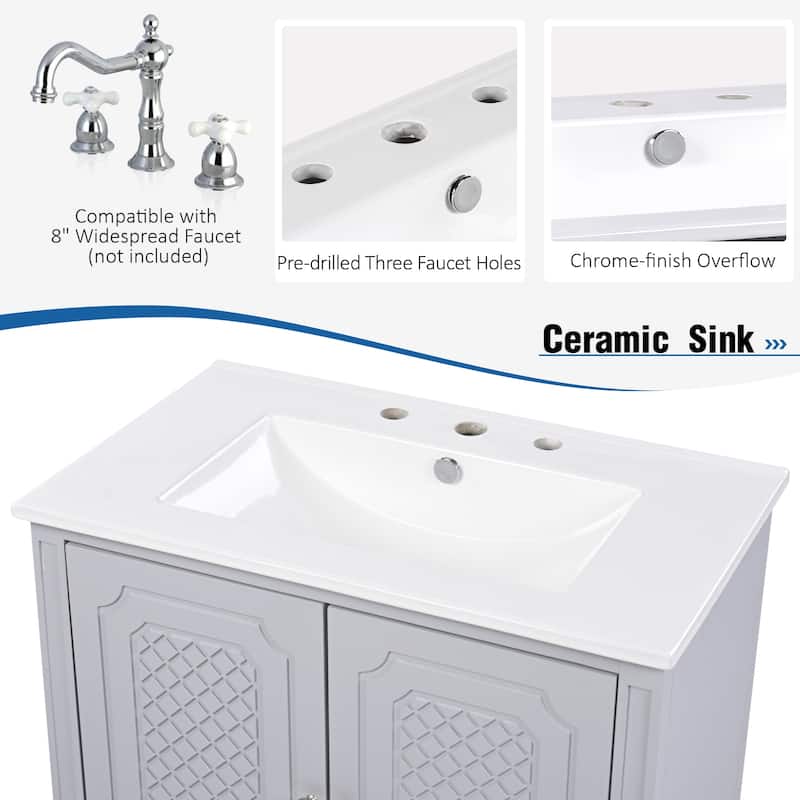 Free Standing Wall Cabinet, 30" Bathroom Vanities with Ceramic Sink, Drawers and Storage Soft-closing Door Shelf
