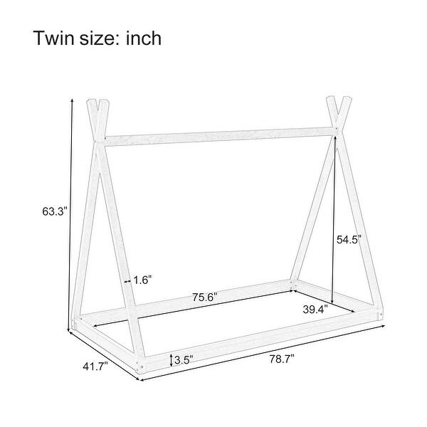 Twin Size House Floor Teepee Bed with Tent, Wood Low Montessori Bed Frame for Kids Teens Boys Girls, No Spring Box Needed
