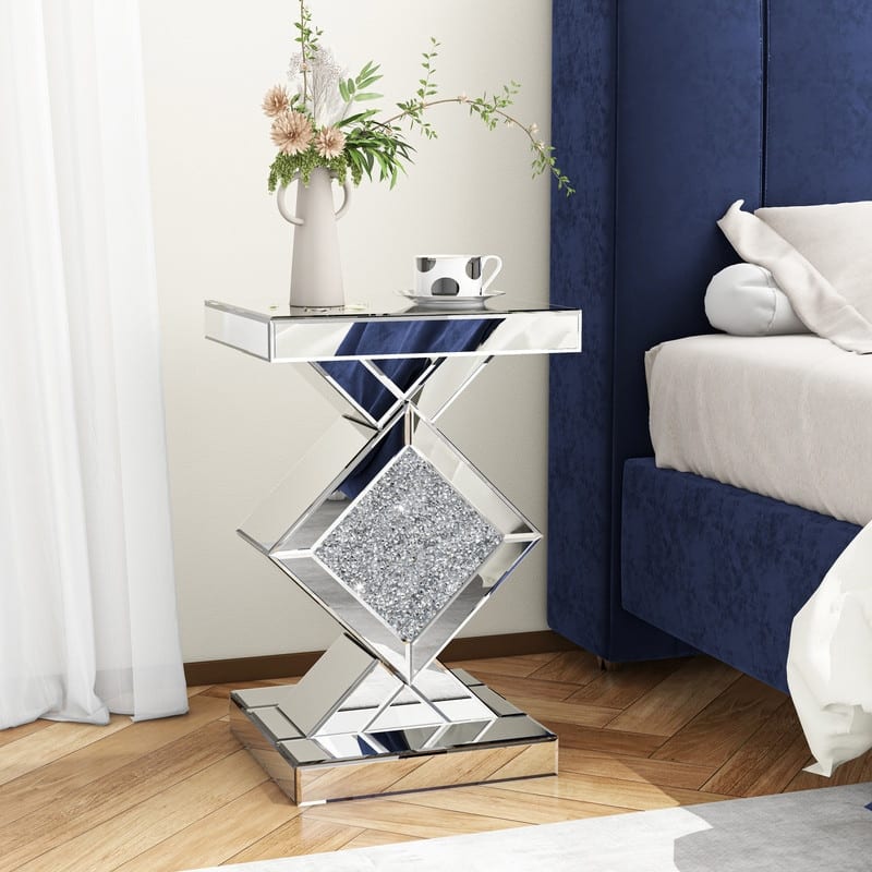 Modern Mirrored Glass Top End Table with Crushed Diamond
