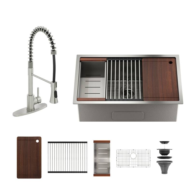Undermount Single Bowl Nano Brushed Stainless Steel Workstation Kitchen Sink with Two-Function Kitchen Faucet and Accessories - 30 in. Nano Brushed Sink + 2-Spray Kitchen Faucet - 30 x 19 x 10