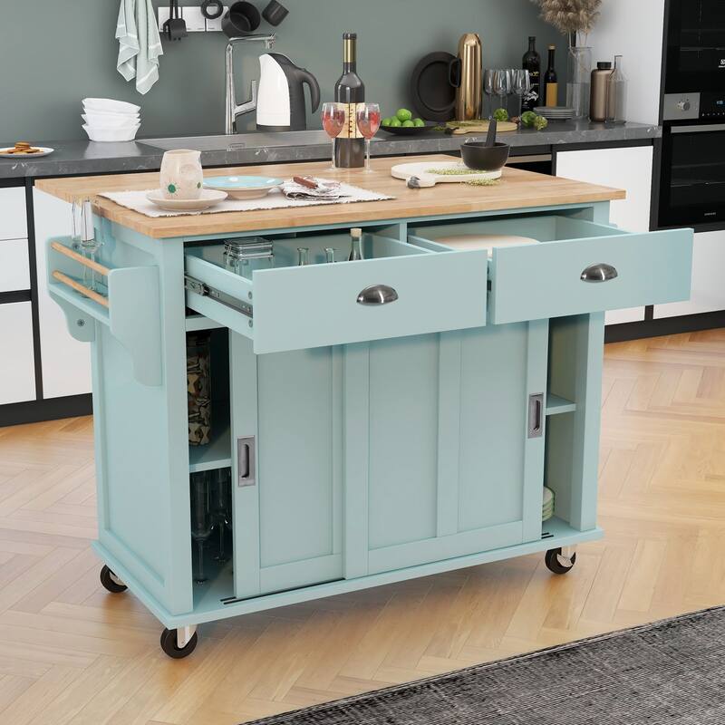 Rolling Kitchen Island with Drop-Leaf Countertop, Adjustable Shelves, 2 Drawers & Sliding Barn Door - Mint Green