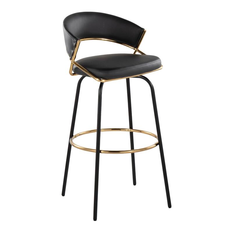 Silver Orchid Tatyana 30" Fixed-Height Bar Stool with Metal Legs (Set of 2) - Black Faux Leather/Black & Gold Metal