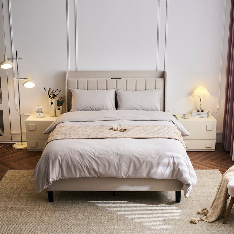 Upholstered Wingback Bed - White - Queen