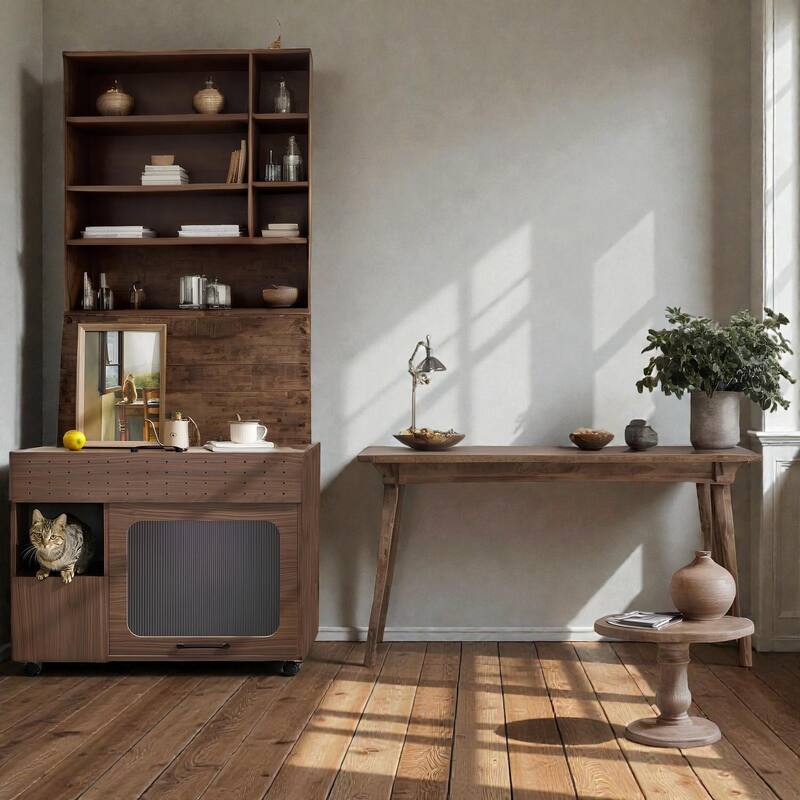 2-in-1 Cat Litter Box Enclosure Walnut Side Table, Modern Storage Cabinet with Hidden Litter Area & Wheels for Living Room