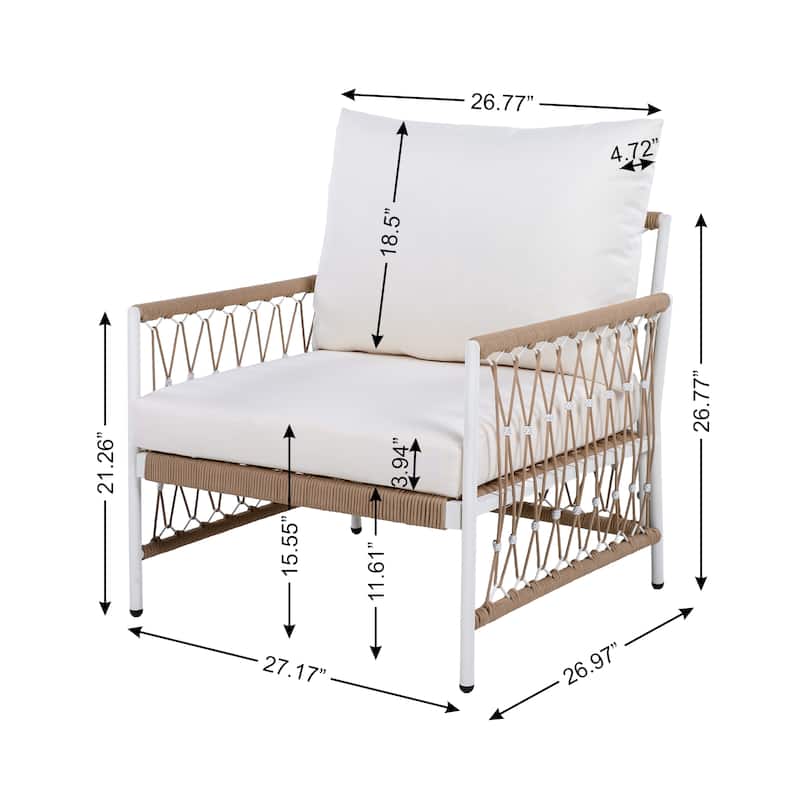 [Set of 2] Bohemian Outdoor Lounge Chair with Handwoven Rope & Powder-Coated Steel Frame, Waterproof Cushions