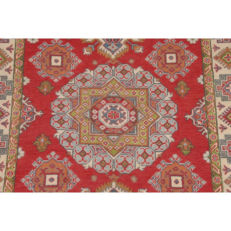 Geometric Kazak Area Rug Handmade Oriental Red Living Room Wool Carpet - 4'11" x 6'8"