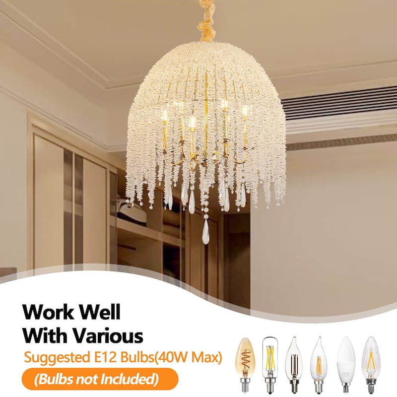 20 Inch 6-Light K9 Crystal Pendant Light Chandelier- Elegant Waterfall Design with Cascading Crystal Bead Strings - Gold