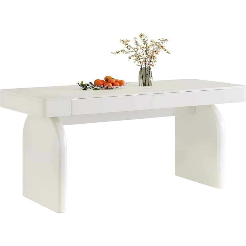 63-Inch Modern Dining Table with 2 Storage Drawers, Rectangular White Glossy Kitchen Table