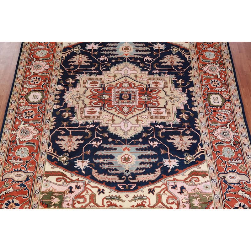 Hand Knotted Oriental 100% Wool Carpet Traditional Medallion Navy Blue & Blues Heriz (serapi) Area Rug - 13' 10'' X 9' 11''