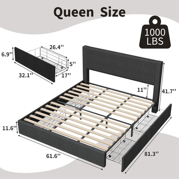 dimension image slide 3 of 8, Platform Bed with Channel Tufted Corduroy Headboard and 4 Storage Drawers