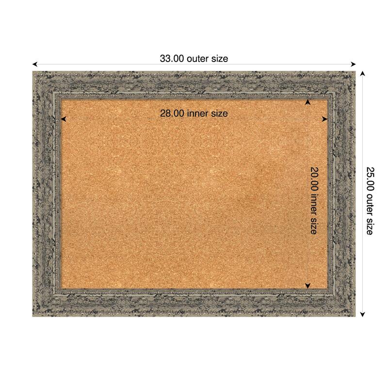 Attic Aged Silver Wood Framed Cork Board - Bulletin Board, Organization Board, Pin Board - Natural - 33 x 25 in
