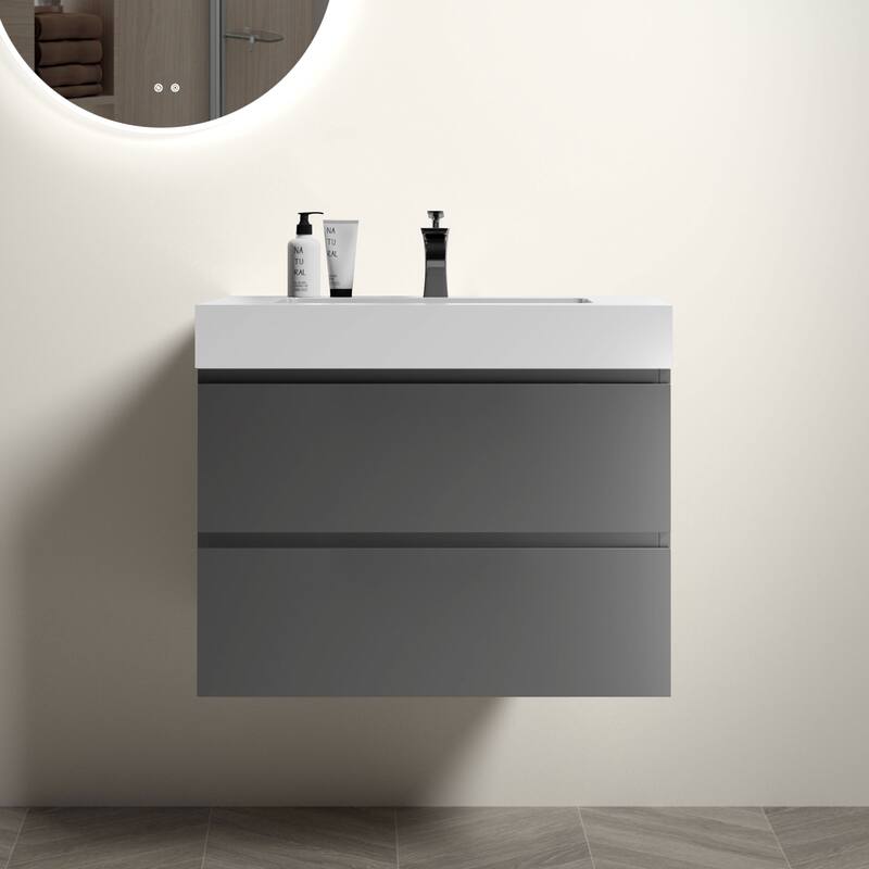 30"Bathroom Vanity with Sink,Storage Wall Mounted Floating Bathroom Vanity, One-Piece White Sink Basin without Drain and Faucet - White