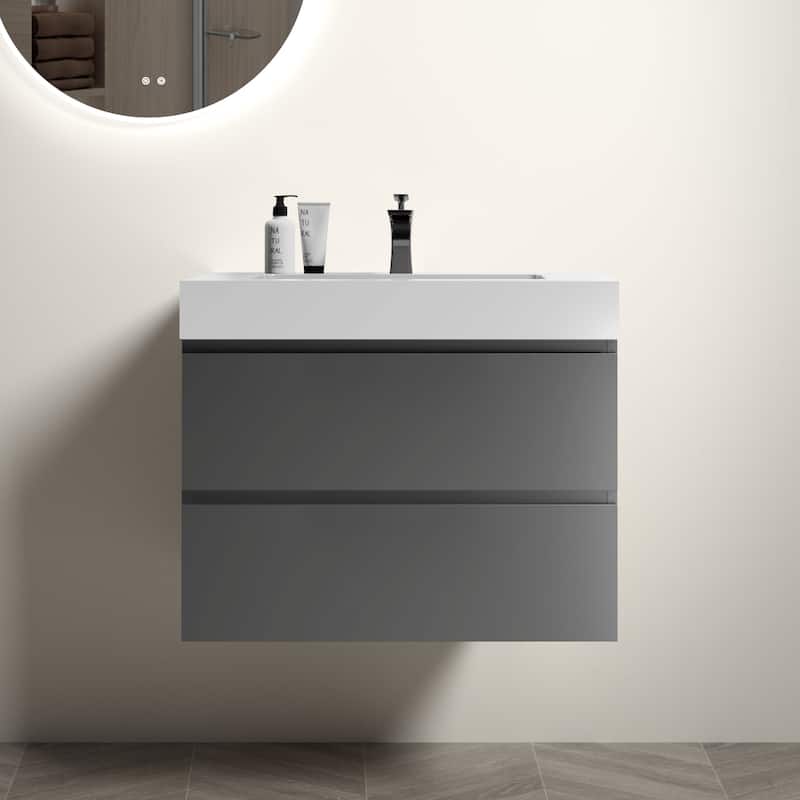 Modern Large Storage Wall Mounted Bathroom Vanity with One-Piece Sink Basin without Drain and Faucet - Grey+White