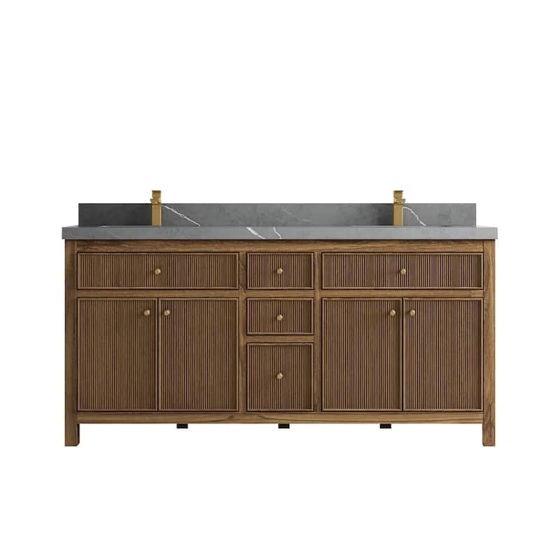 Willow Collections 72 in. W x 22 in. D Sonoma Teak Double Sink Bathroom Vanity with Countertop - 2" Piatra Gray - Dark Natural